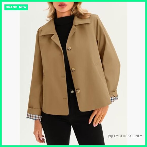 Cropped Trench Coat Lightweight Single Breasted Jacket Fall Outerwear - Picture 4 of 7